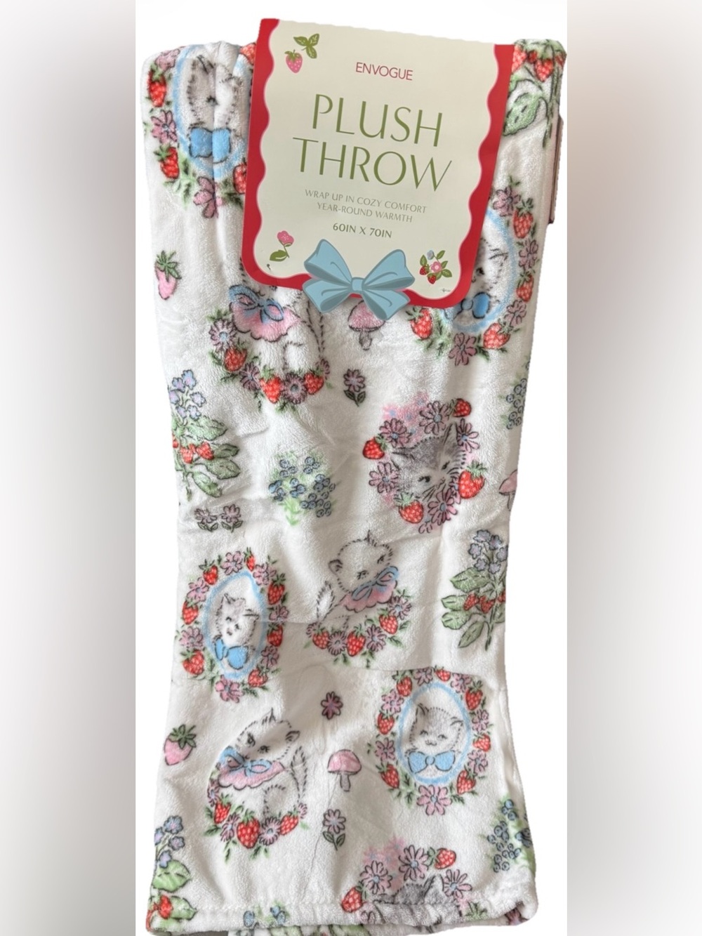 Oversized Spring/Summer Throw Blanket w/Cats Strawberries Mushrooms Flowers New